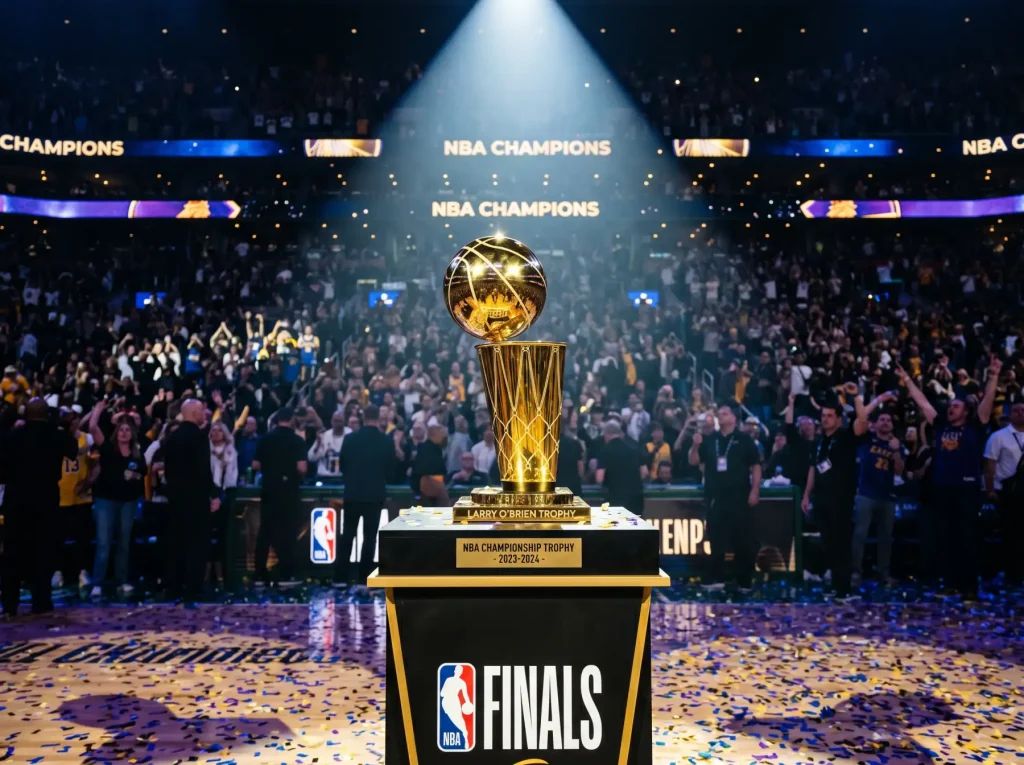 Trofeo Larry O'Brien con cuotas de futuros NBA superpuestas