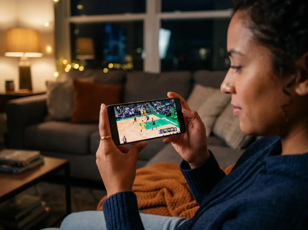 Smartphone mostrando app de apuestas NBA con partido en directo