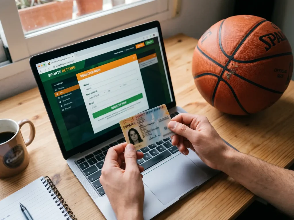 Pantalla de registro en una casa de apuestas española con partido NBA de fondo