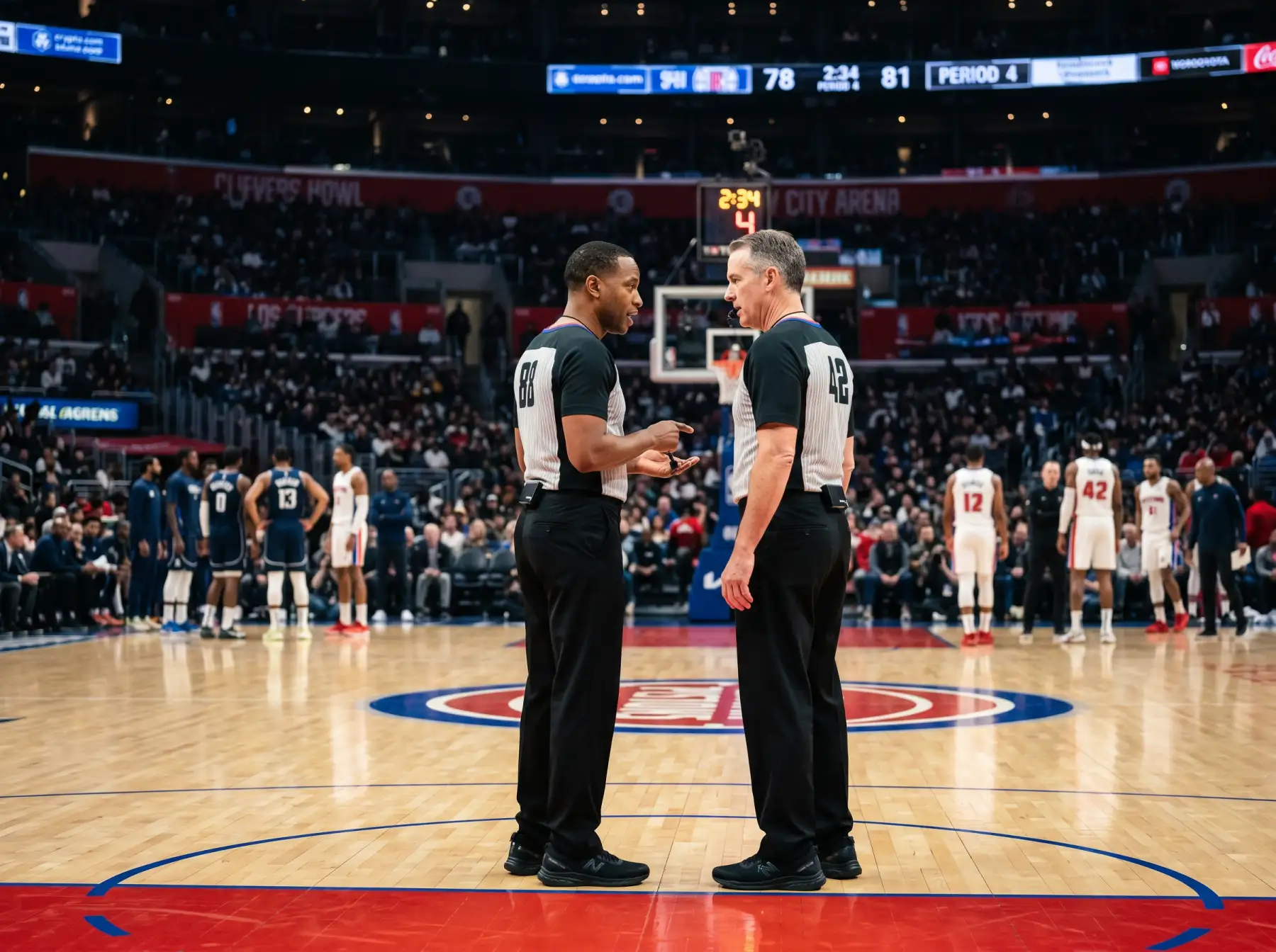 Árbitros de la NBA supervisando un partido de baloncesto en una cancha profesional