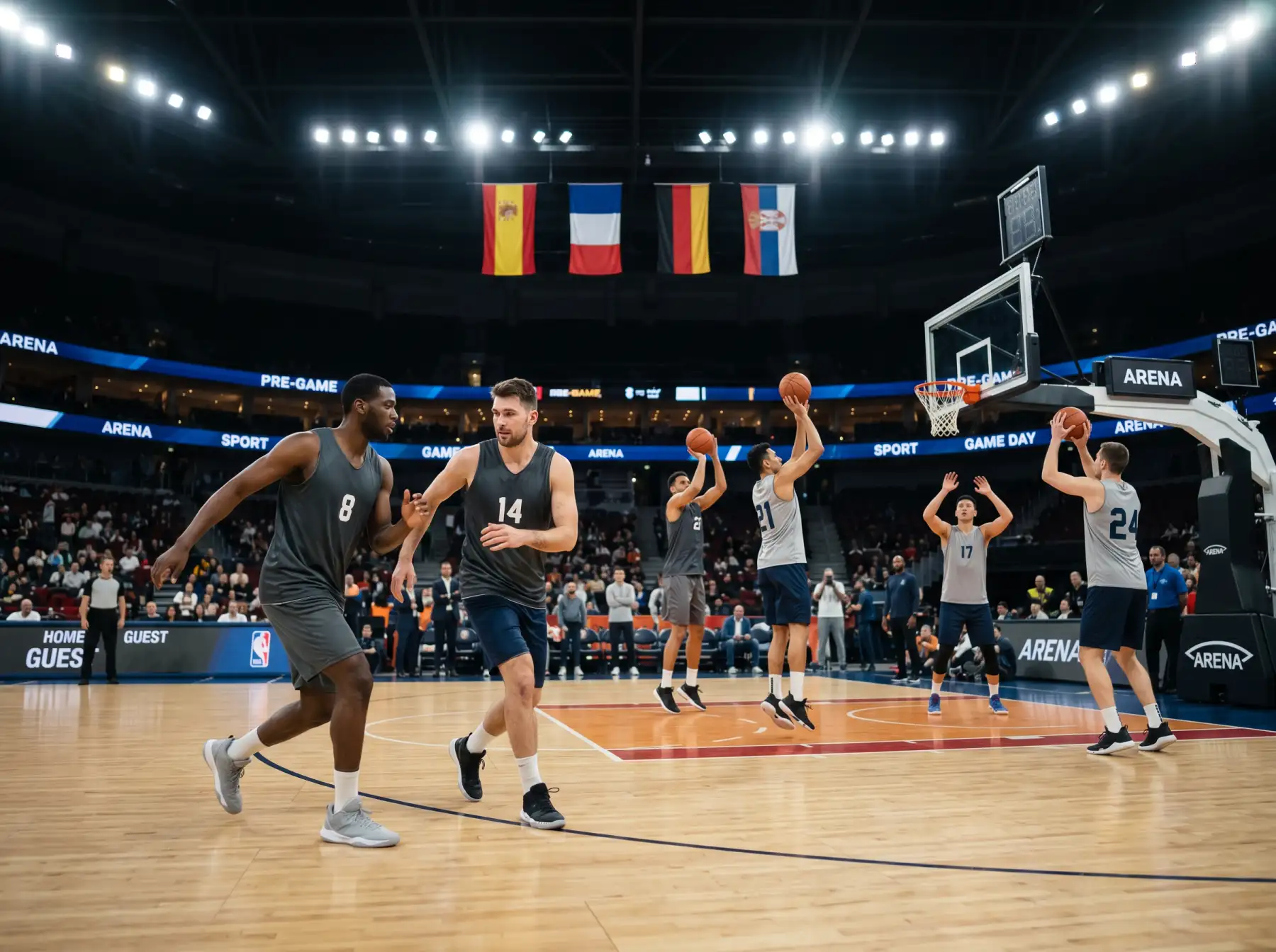 Jugadores de baloncesto europeos entrenando en una cancha de la NBA antes de un partido