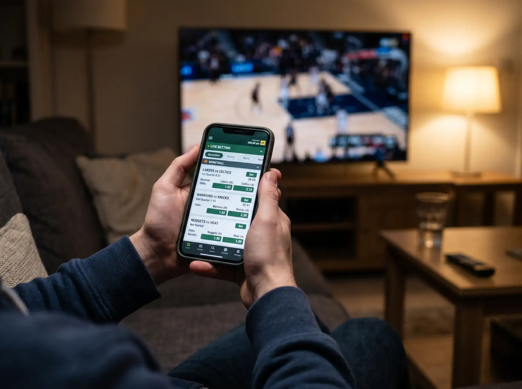 Pantalla de teléfono móvil mostrando una aplicación de apuestas deportivas en España
