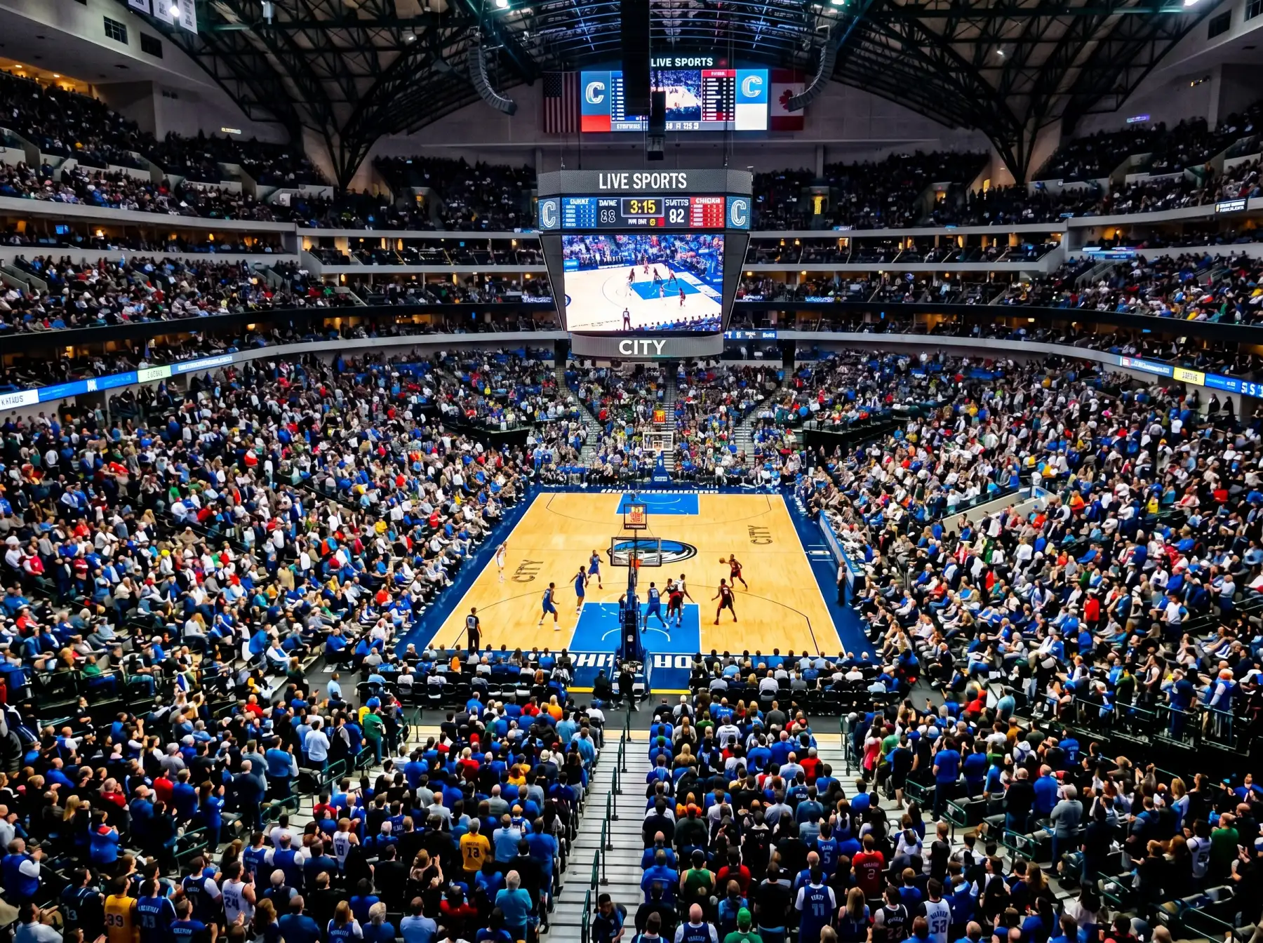 Arena de la NBA llena durante un partido.