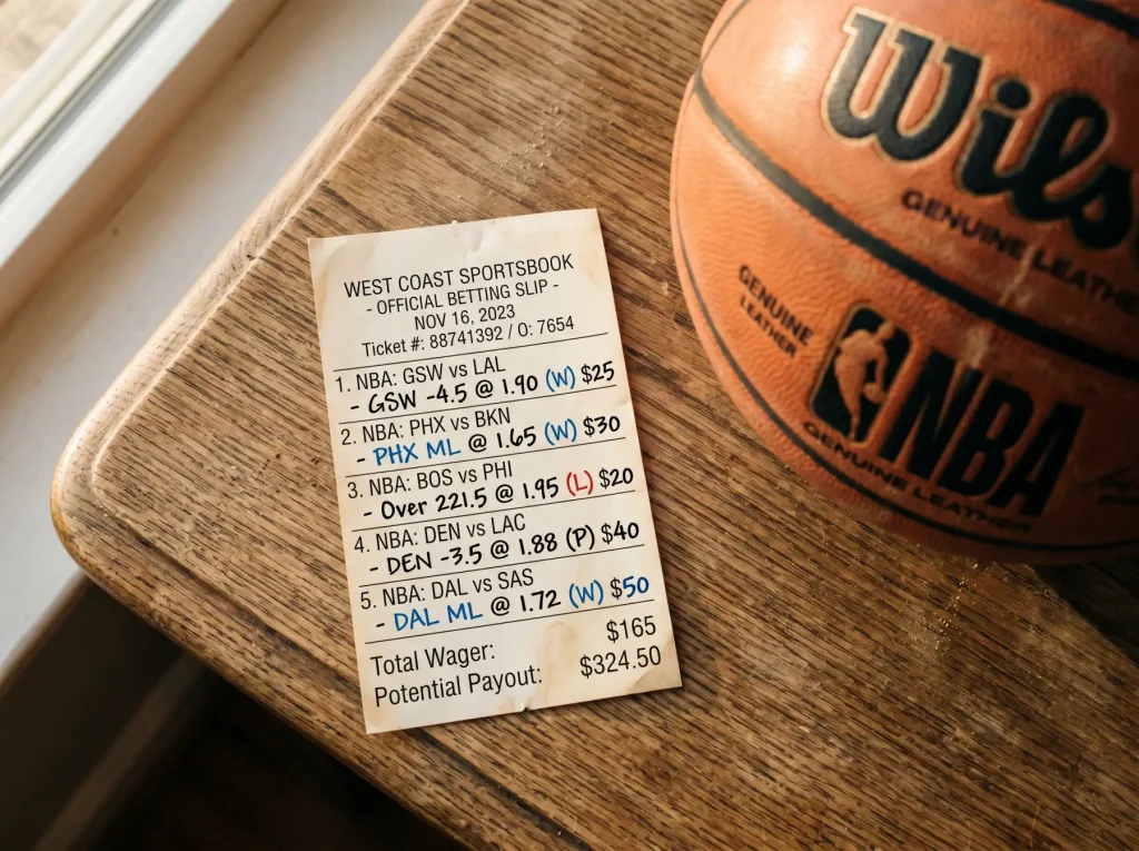 Boleto de apuesta combinada NBA con múltiples selecciones y cuota acumulada