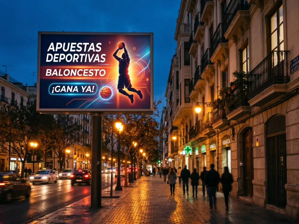 Anuncio de apuestas deportivas con restricciones regulatorias españolas superpuestas