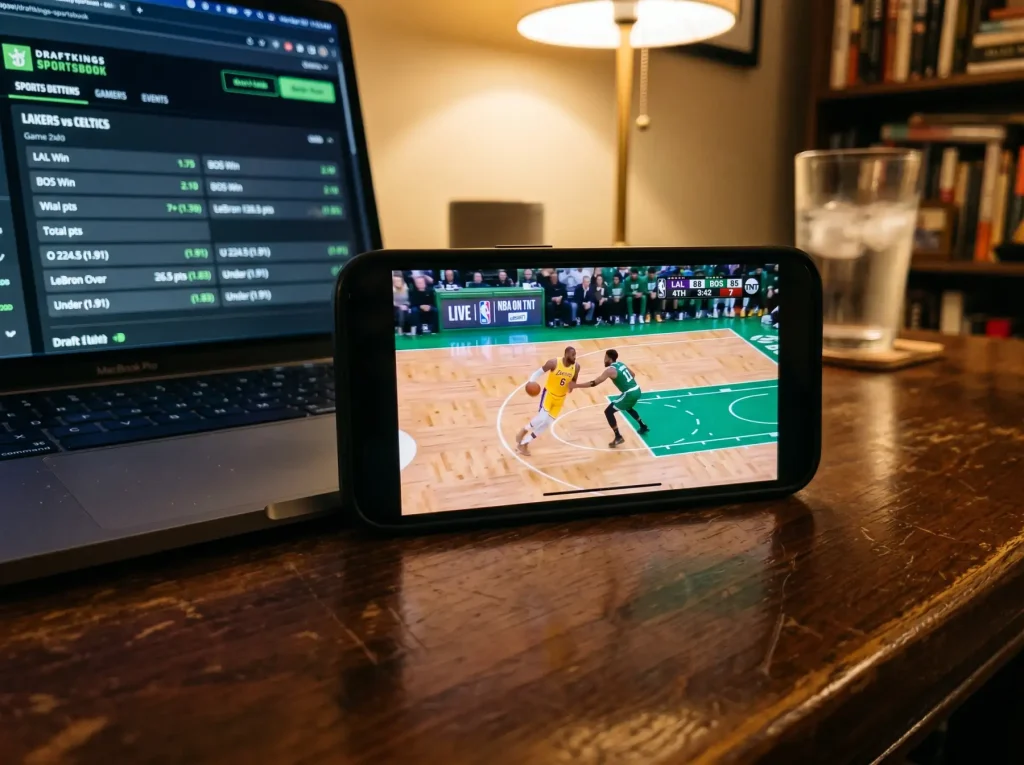 Pantalla de streaming NBA integrada en plataforma de apuestas en vivo