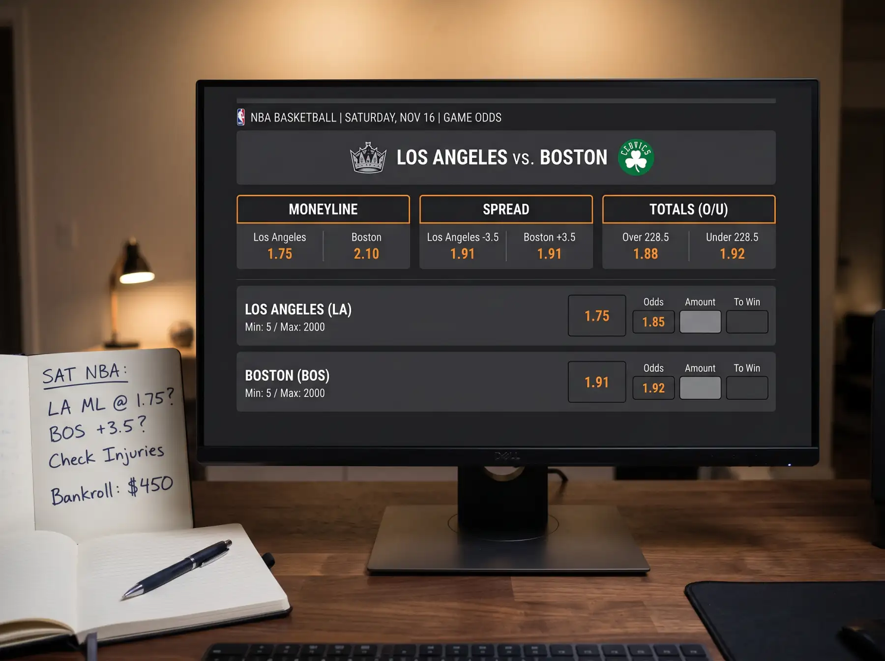 Interfaz de apuestas de la NBA con cuotas decimales en un monitor.