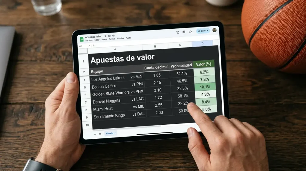 Comparación de cuotas NBA con probabilidad real destacando una apuesta de valor