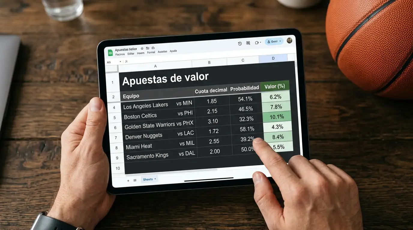 Comparación de cuotas NBA con probabilidad real destacando una apuesta de valor
